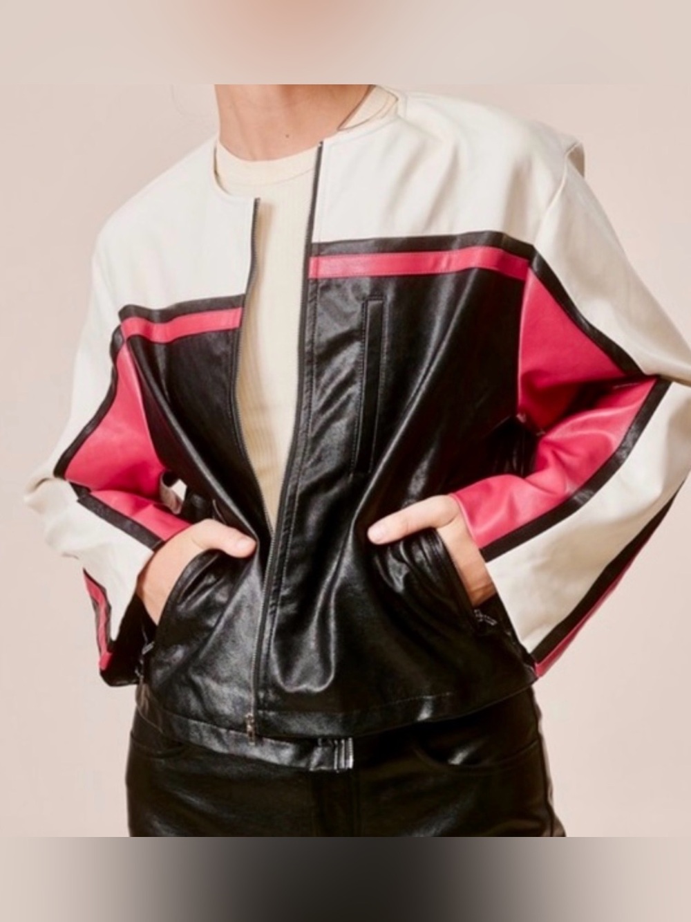 Mimosa Colorblock Vegan Leather Moto Jacket - Black, White & Red Sm